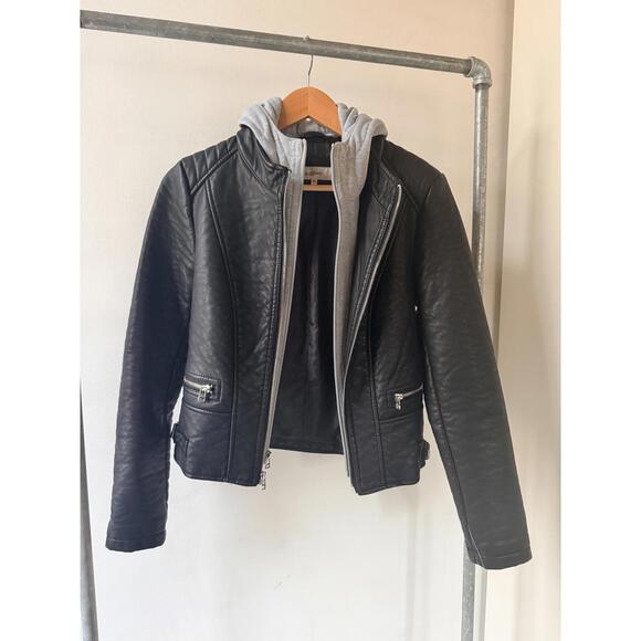 Jackets & Blazers - Wildflower Women's Black Faux Leather Jacket with Grey Hoodie Insert XS